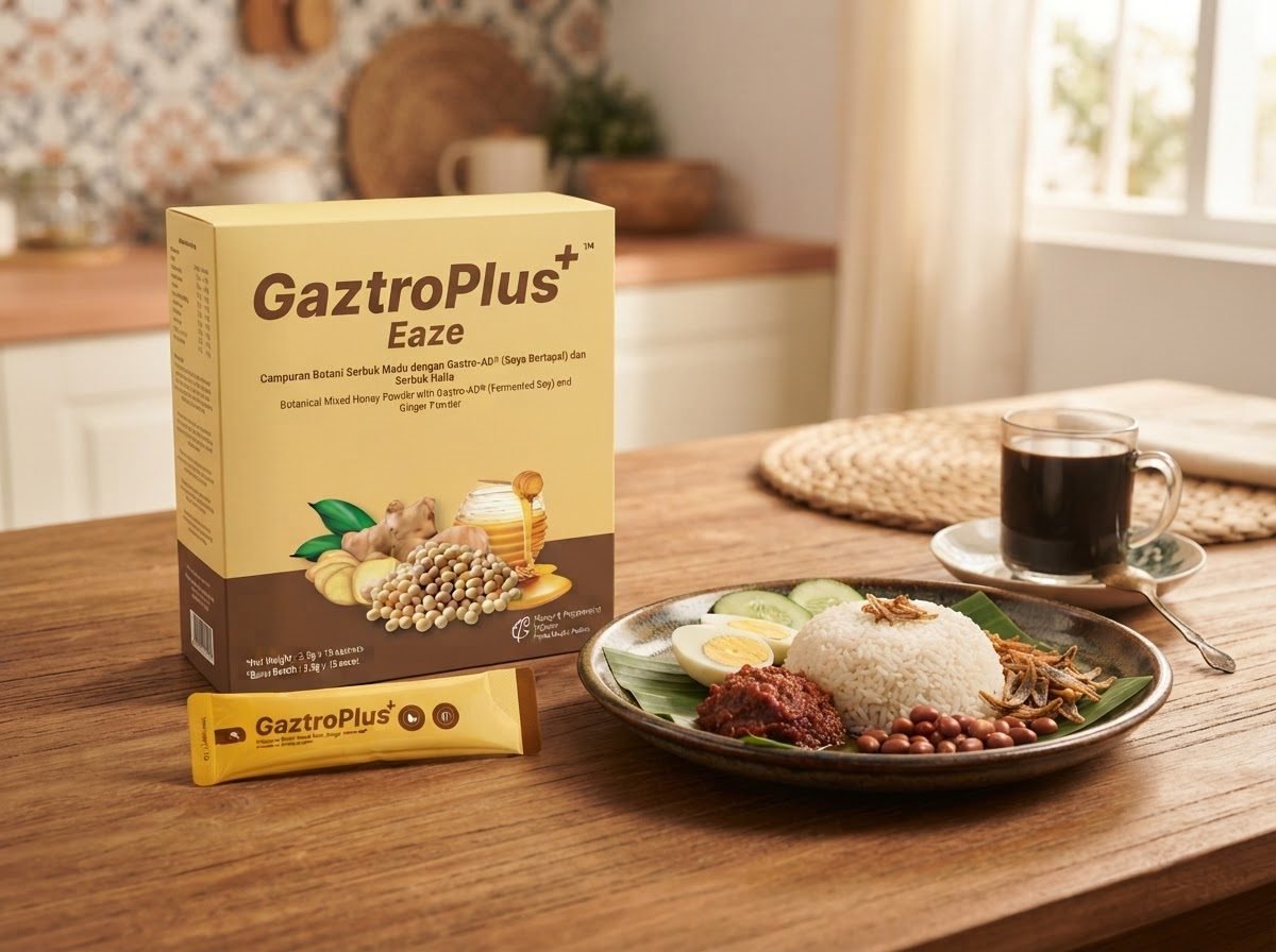 Kotak dan sachet GaztroPlus Eaze di sebelah sepinggan nasi lemak dan kopi
